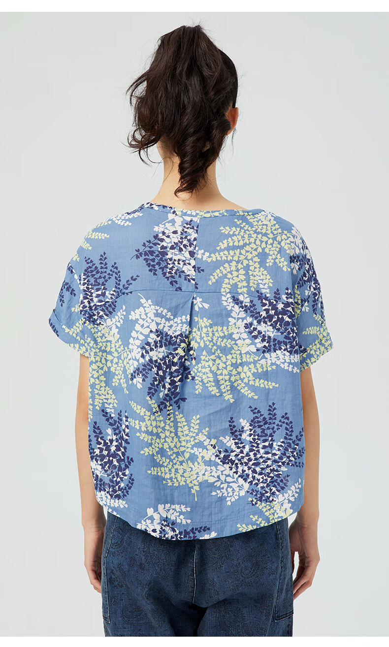 斯琴熟女春夏苎麻印花短袖上衣花色圆领衬衫aixs024花色m