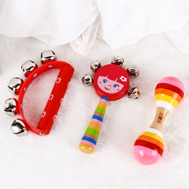 京选优品儿童手摇铃铛玩具木制串铃宝宝追视红球小沙锤拨浪鼓铃鼓款式