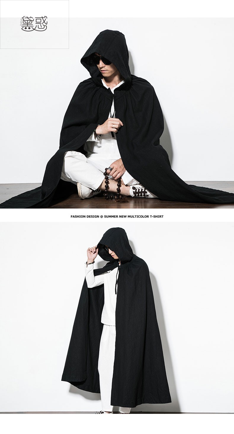 国潮原创新款秋季打坐披风禅修斗篷汉服古装连帽风衣麻长款过膝古风