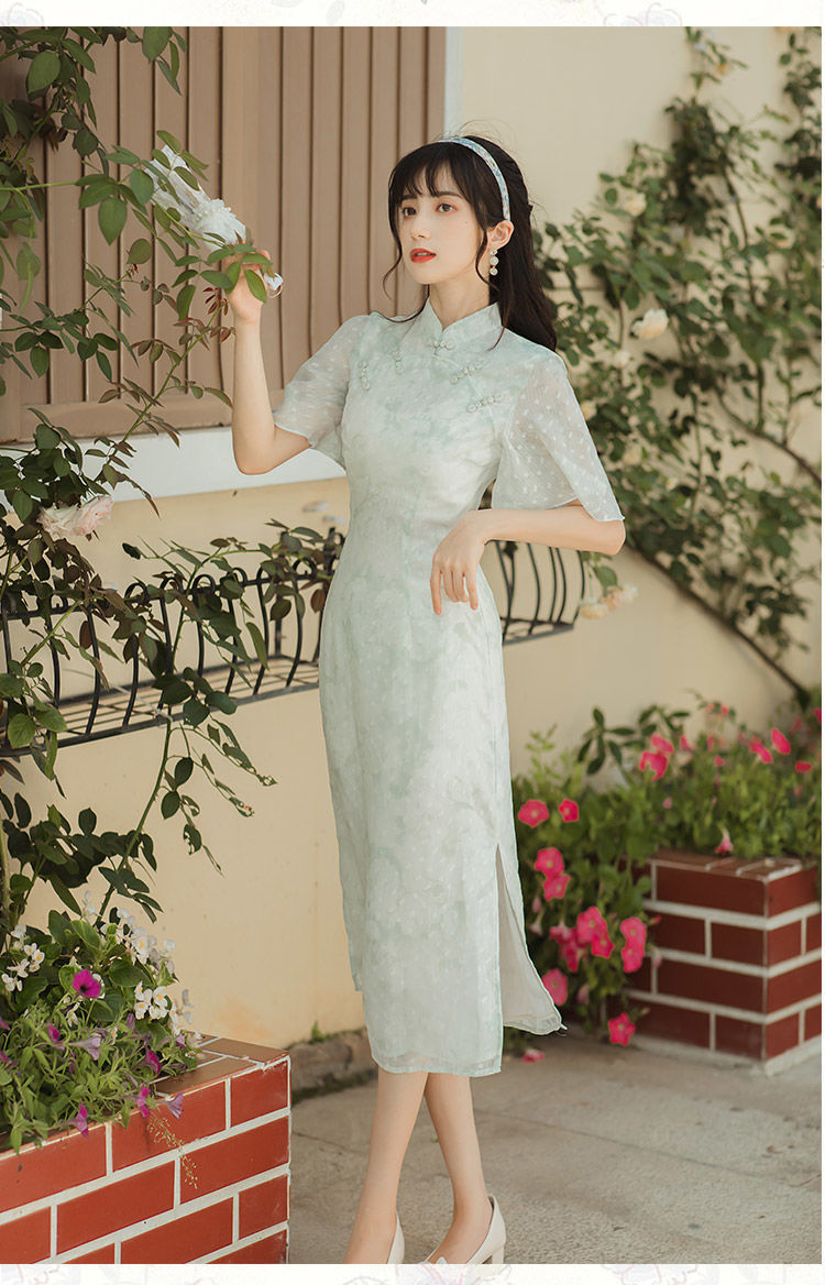 旗袍连衣裙改良版少女中长款新款收腰修身显瘦开叉年轻温柔淑女夏传统