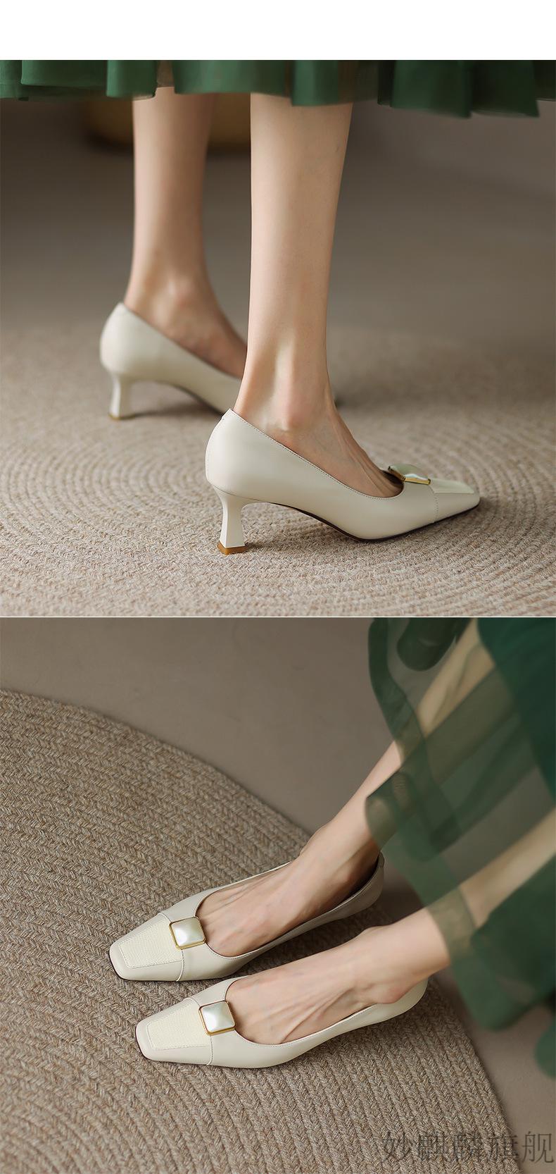 辣妈船型鞋方头新款单鞋女2022年春季新款法式复古方头高跟鞋设计感