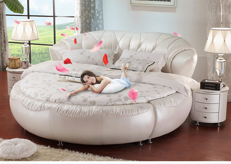 真皮床约床小户型主卧圆床双人床婚床公主床圆形皮艺床 Φ2米床 折叠