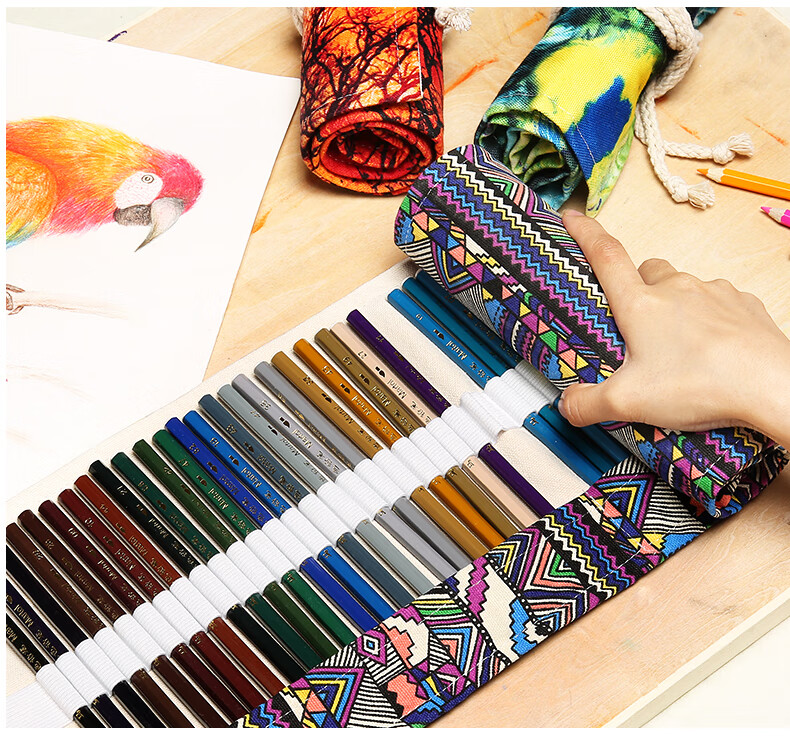 迷铭乐青竹36支48孔铅笔彩铅笔帘卷笔袋棉麻笔帘防落式铅笔帘卷帘素描