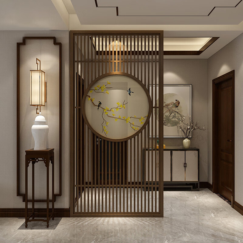 daku东阳木雕玄关新中式入户实木花格镂空隔断进门背景墙仿古门窗