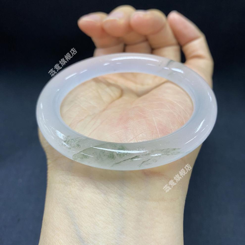高冰丝玉圆条手镯天山翠飘花玉镯新疆翠玉雪域女士冰翠手镯 62mm