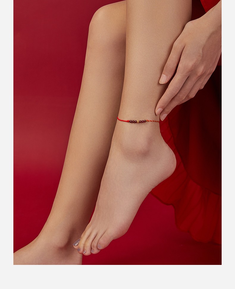 老凤凰黄金脚链女足金999小金珠脚饰转运红绳石榴石定价脚链21cm延长