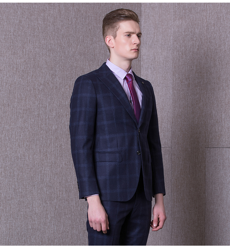 vskonne威斯康尼男西服西装商务休闲羊毛高端蓝格子西装外套男 藏青