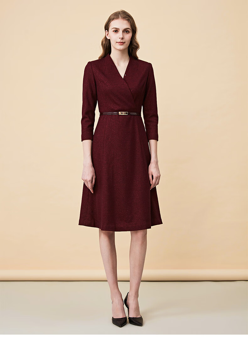 皮尔卡丹女装专柜正品酒红色长袖收腰连衣裙秋季新款羊毛裙子商场同款