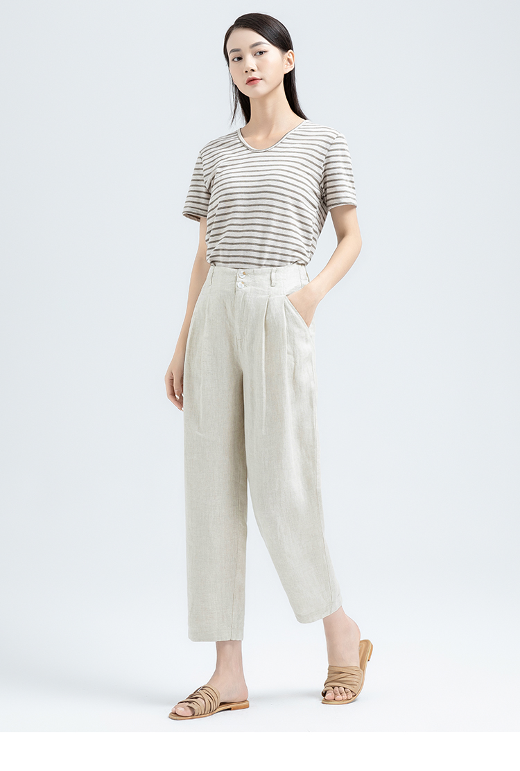 凌丹娜藏青色亚麻女裤夏季薄款裤子宽松休闲灯笼裤九分棉麻哈伦裤萝卜