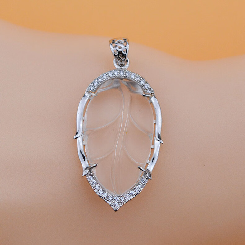 银饰925银镶嵌吊坠白挂件如意树叶观音包边镶挂坠时尚个性吊坠 座观音