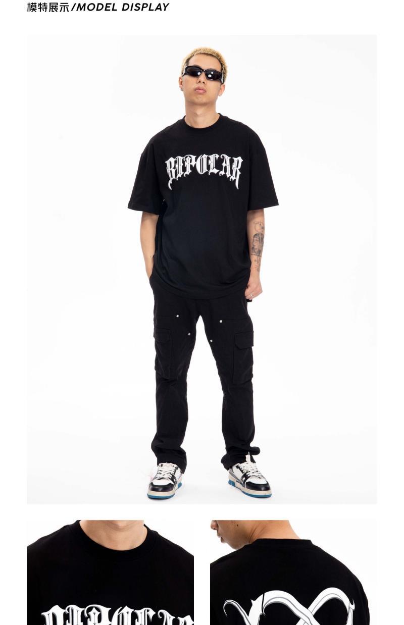 bipolar荆棘短袖宽肩美式圆领情侣上衣印花t恤男女潮牌简约上衣 黑色