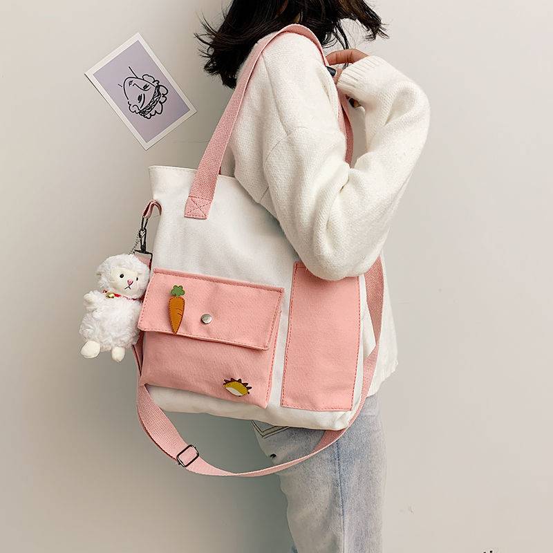 包包女新款ins帆布包女学生韩版斜挎包百搭日系大容量简约单肩包fs双