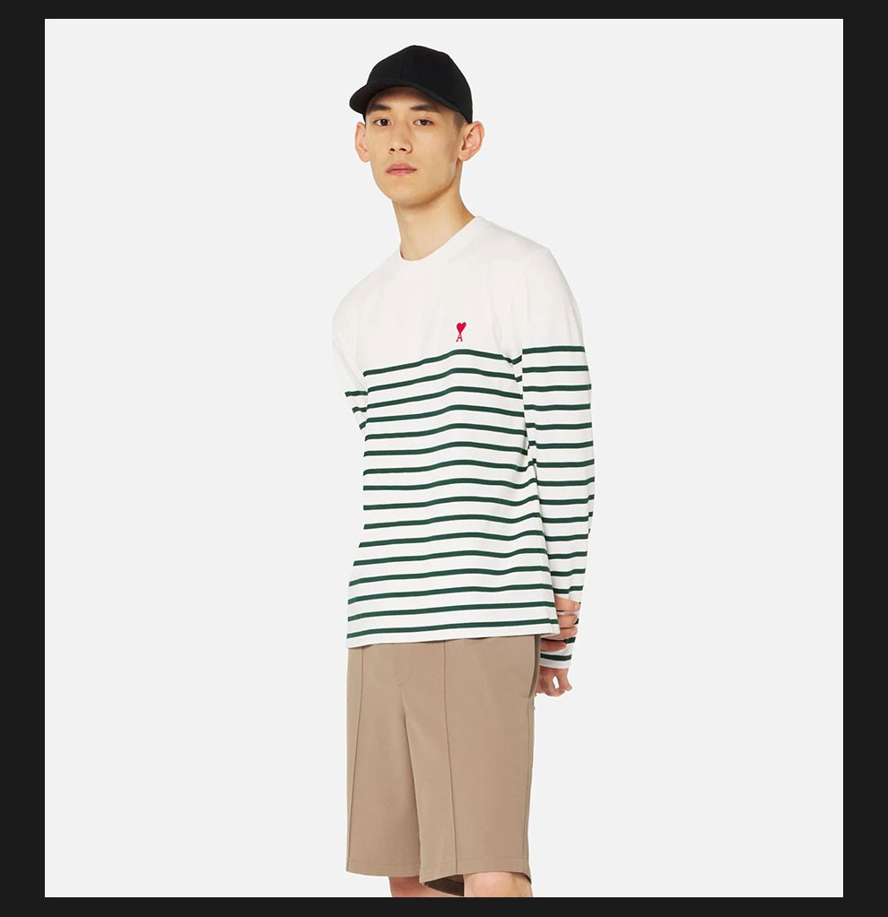 七夕情人节礼物amiparis22春夏男女同款棉质条纹爱心长袖t恤黑条纹xs