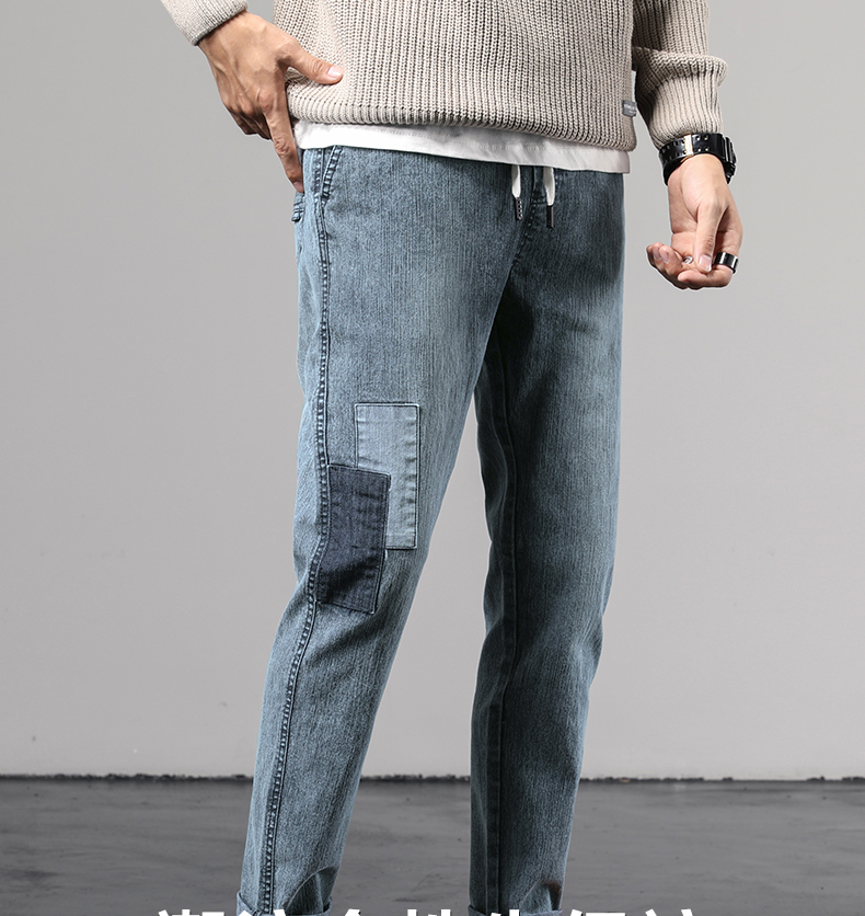 秋季男士牛仔裤小脚系带长裤冬天加厚款青少裤子男潮牌复古品质保证