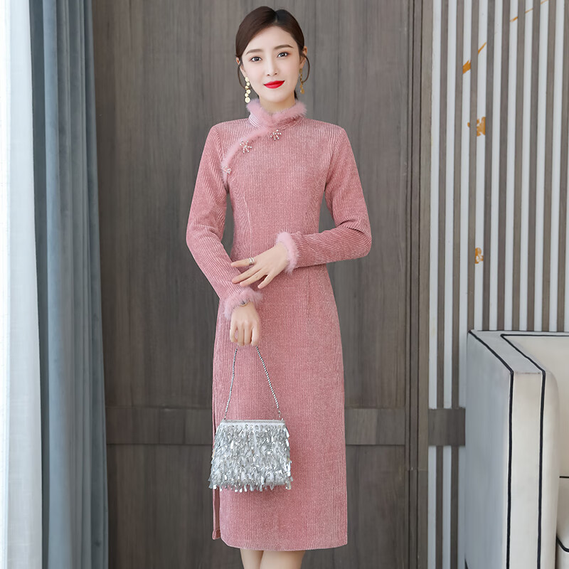 冬天旗袍加绒祺袍冬款加厚女保暖中长款改良复古修身长袖中国风连衣裙