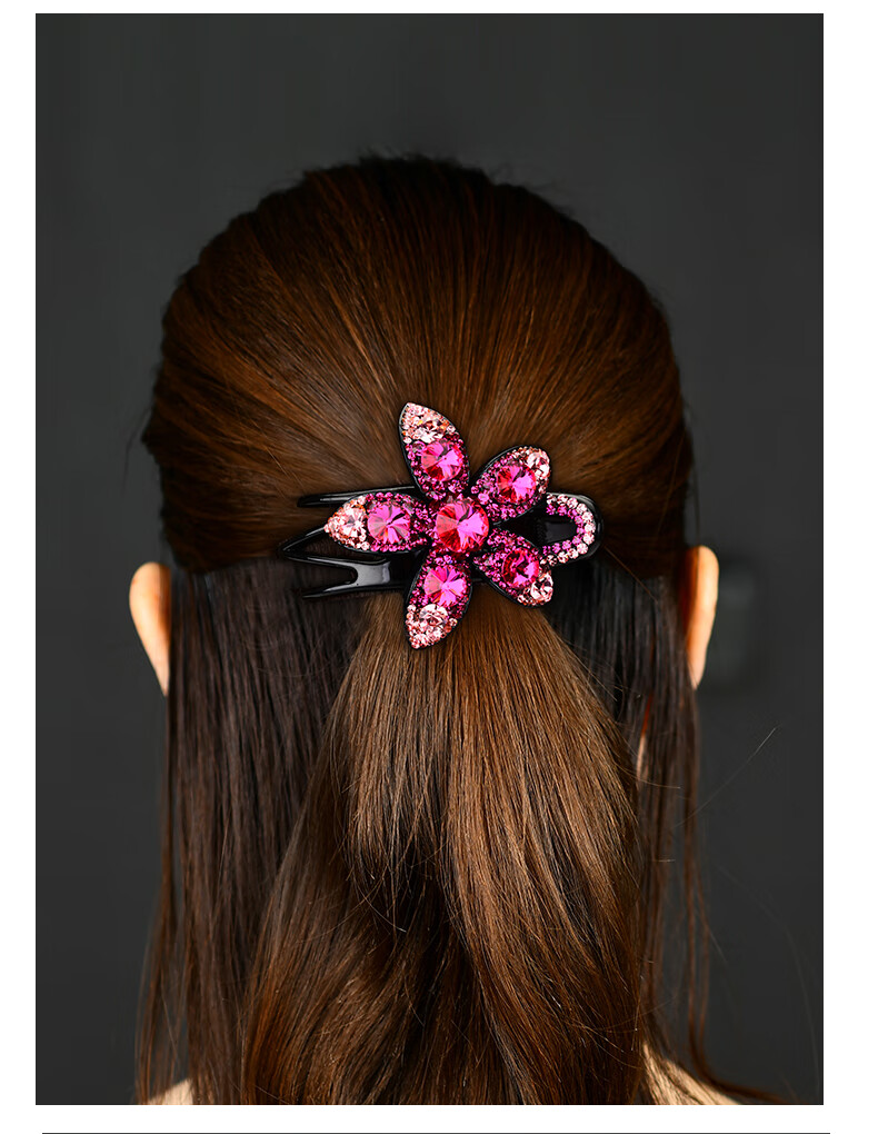 左欧三齿鸭嘴夹盘发发夹头饰水钻大号一字夹子优雅花朵盘头亚克力顶夹