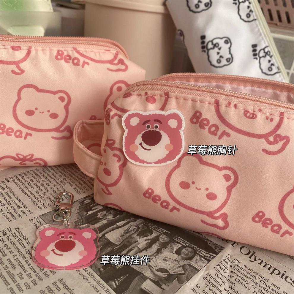 笔袋ins可爱草莓熊笔袋软萌小熊大容量笔袋学生简约文具铅笔袋草莓熊