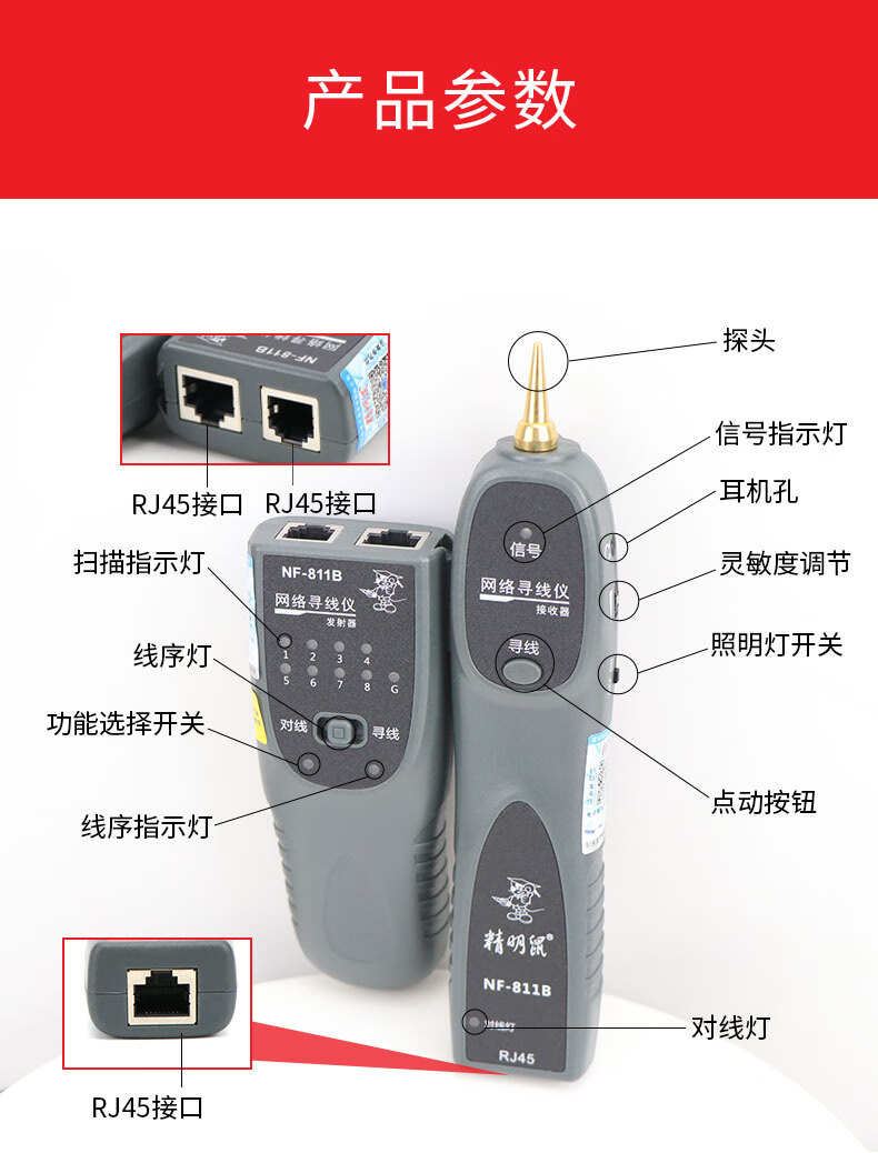 精明鼠通用寻线仪多功能网络仪交换机带电对线通断防烧耐压60v网线器