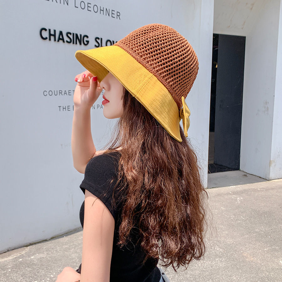 直播现货网红针织顶拼接渔夫帽子女拼色蝴蝶结遮阳帽百搭盆帽 黄色-拼