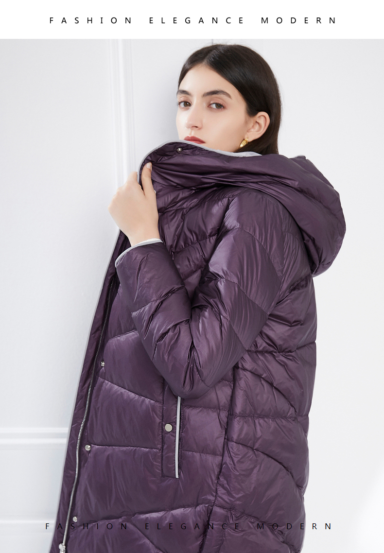 商场同款茧型卡迪黛尔鸭绒轻薄羽绒服女连帽长款春季冬新款浅紫色m