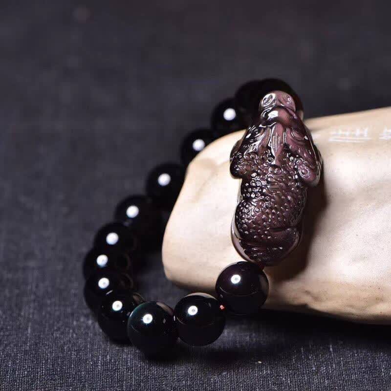 天然彩虹眼黑曜石三脚三足金蟾手链男女转运佛珠情侣手链p 珠子直径14
