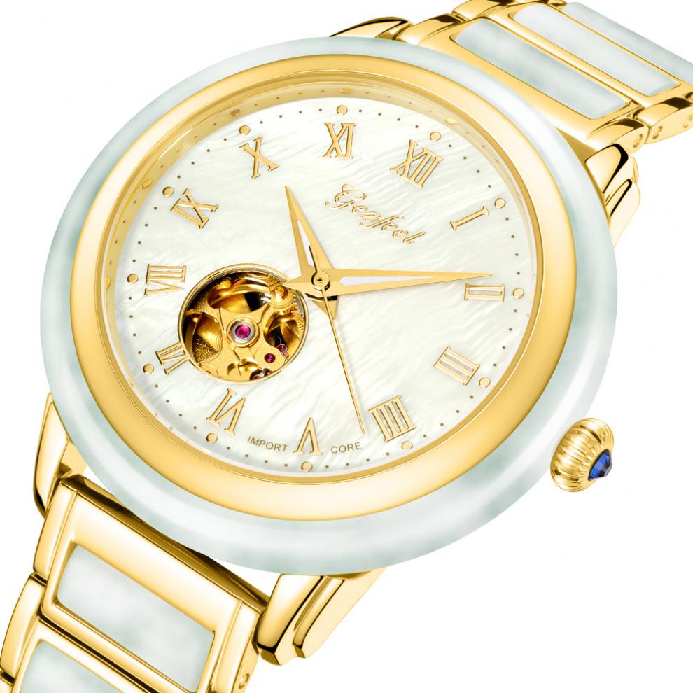 菲尔(gezfeel)新款翡翠表壳自动机械表镂空透底镶钻情侣手表尊贵礼盒