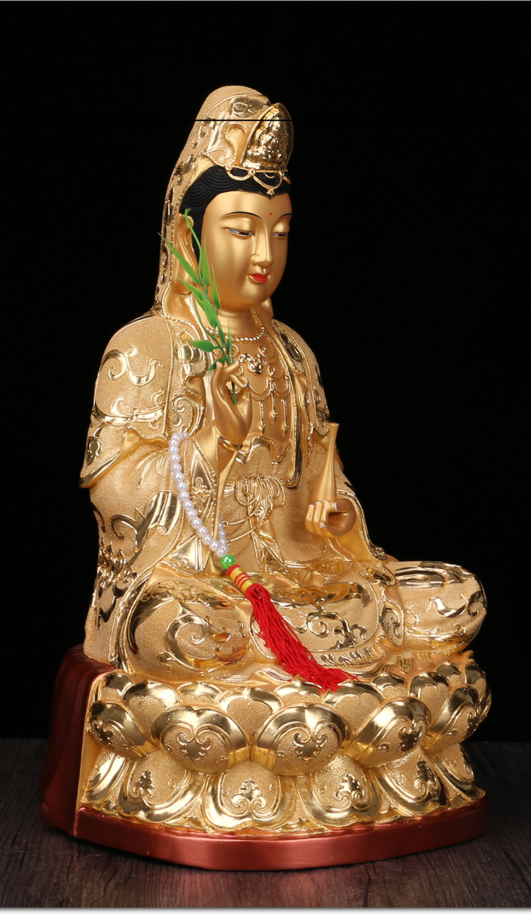 适用香樟木雕观世音菩萨雕像沙金观音神像家用客厅南海观音佛像摆件