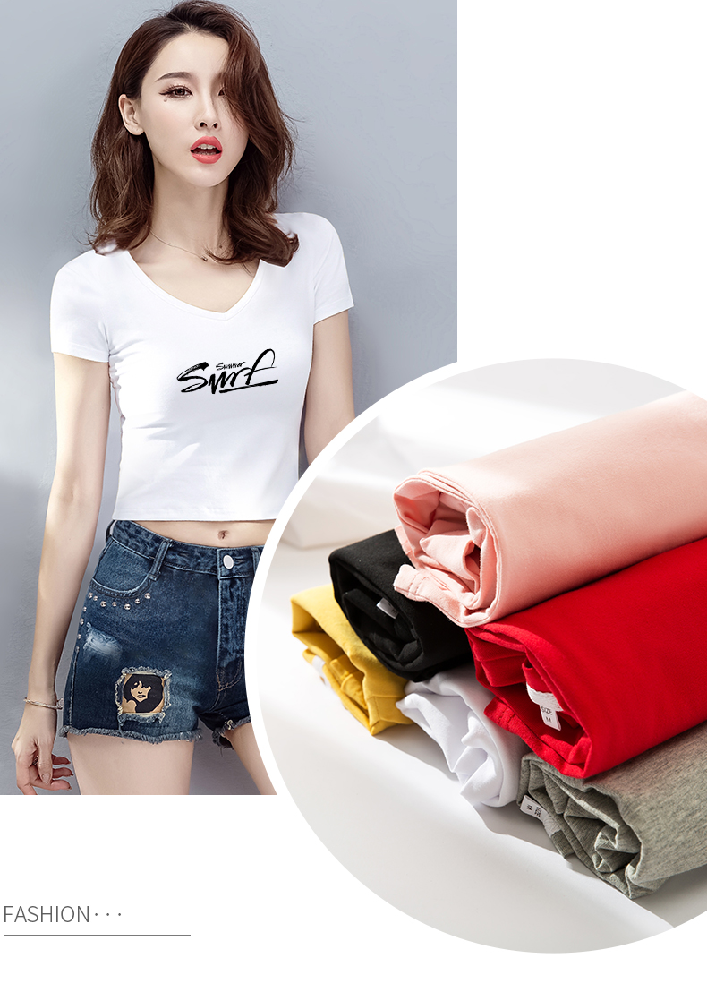 体桖衫短款t女短袖修身v领韩版百搭高腰漏肚脐体紧身上衣女丅恤t血t恤