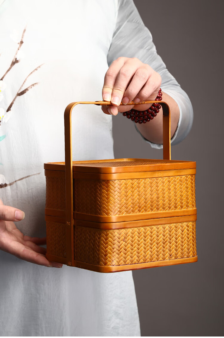 上坟用食盒竹编提篮收纳日式双层水果点心果盘宫廷食盒影视道具复古风