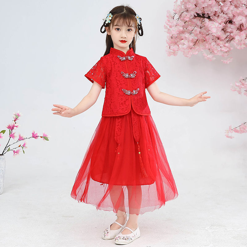 科君汉服夏季裙子仙女连衣套裙中国风古装春夏公主裙小女孩裙 大红色