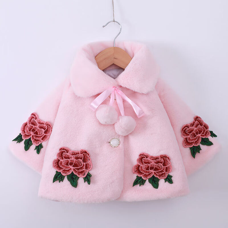 迪士尼儿童秋冬外套中小童毛毛披风2-6岁加棉加绒披肩宽松女宝公主款