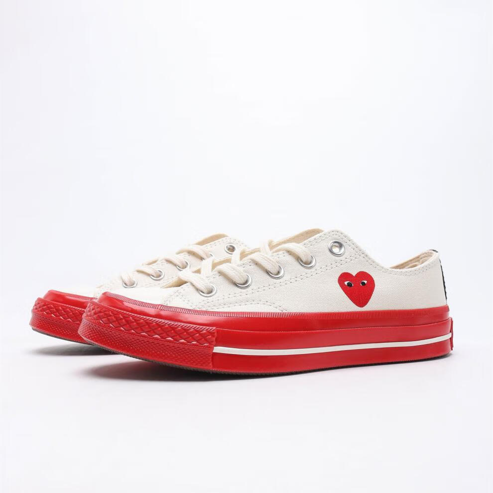 川久保玲联名店1970s play爱心白红边高低帮帆布鞋男女板鞋 白色