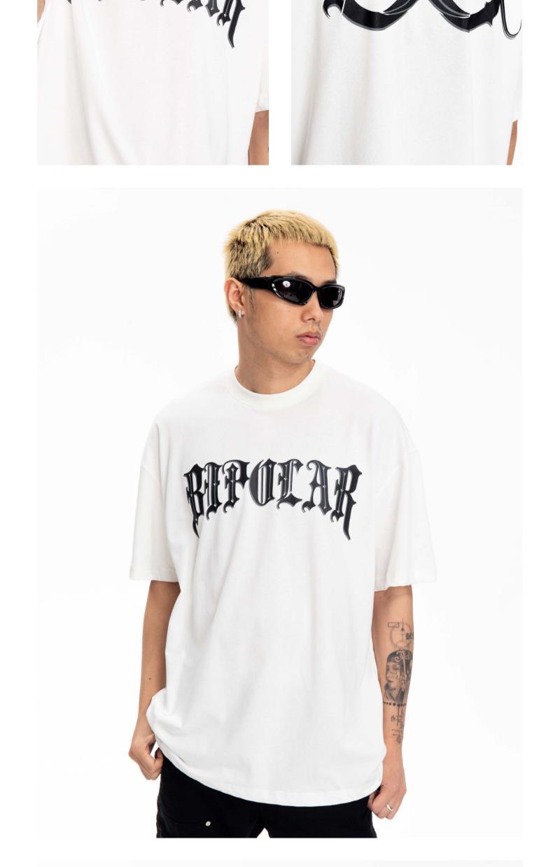 bipolar荆棘短袖宽肩美式圆领情侣上衣印花t恤男女潮牌简约上衣 黑色