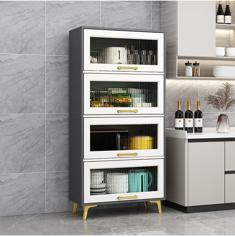 餐边柜现代简约玻璃厨房落地碗柜轻奢家用靠墙储物置物架 两层60厘米