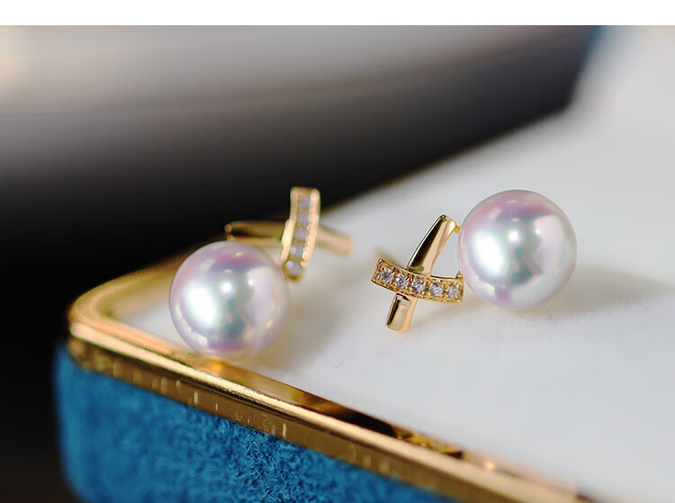 凌盛akoya珍珠耳钉海水珍珠耳环m家同款18黄k金钻石天女耳饰情人节