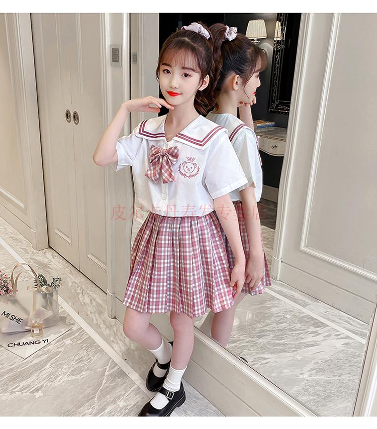 时尚女童夏装套装大儿童短袖衬衫百褶裙学院风小学生格子半身裙藏青色