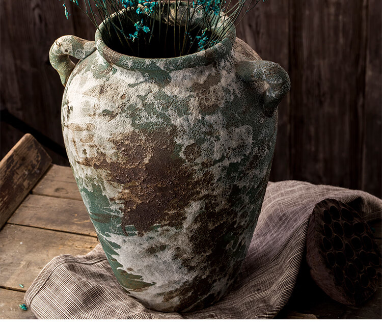 土陶 花瓶 景德镇粗陶陶罐干花花瓶摆件复古花盆客厅装饰品插花做旧