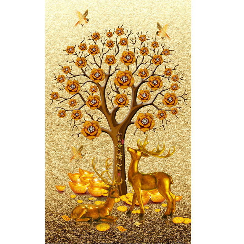 8d立体发财树玄关壁纸壁画走廊过道墙纸客厅装饰画进门5d墙布 华丽
