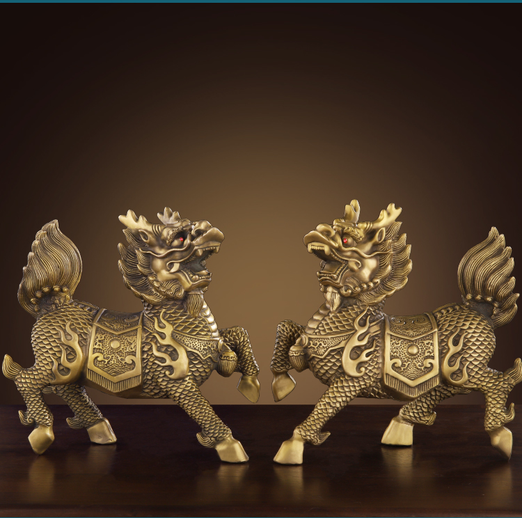 品月 纯铜麒麟摆件一对麒麟家居客厅玄关电视柜卧室中式装饰工艺品