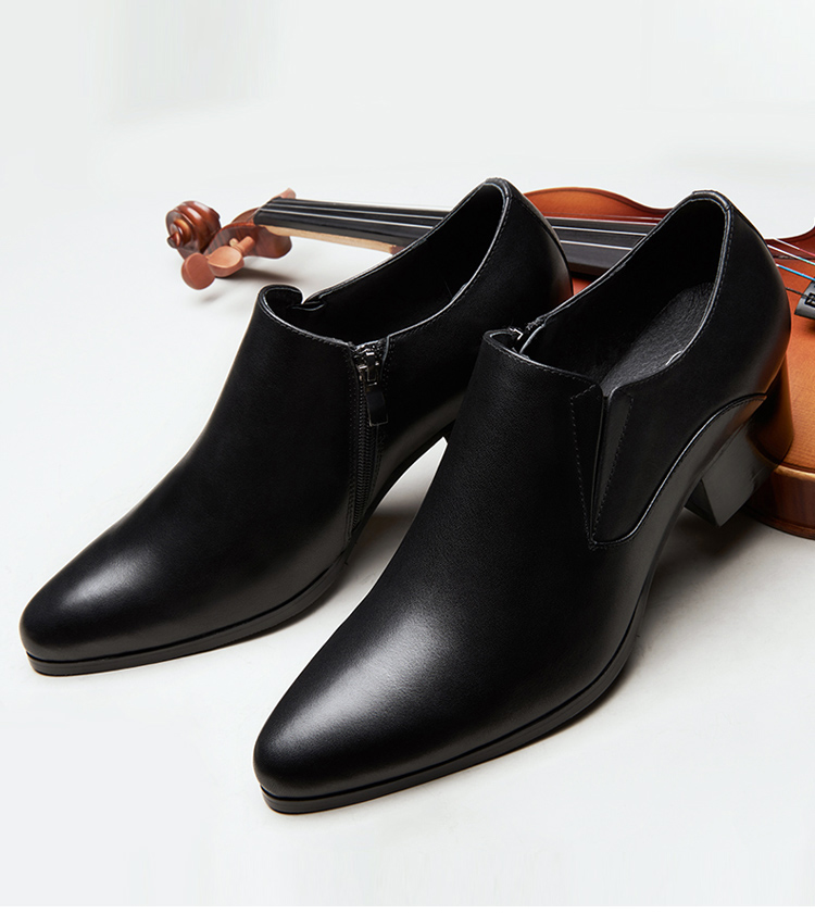 休闲高跟皮鞋男头层牛皮欧版尖头发型师拉链增高男鞋定制款黑色36