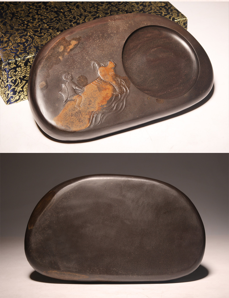 手工雕刻《金牛福》收藏礼佳品文房四宝摆件龙尾山金晕原石牛年砚台