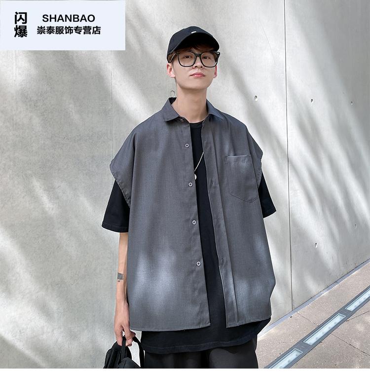 闪爆无袖衬衫马甲男夏季潮牌大码休闲衬衣港风宽松痞帅外套黑色2xl