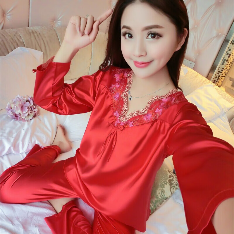 待婉 赢夫人睡衣女春秋长袖两件套装性感丝韩版薄款冰丝家居服冰丝