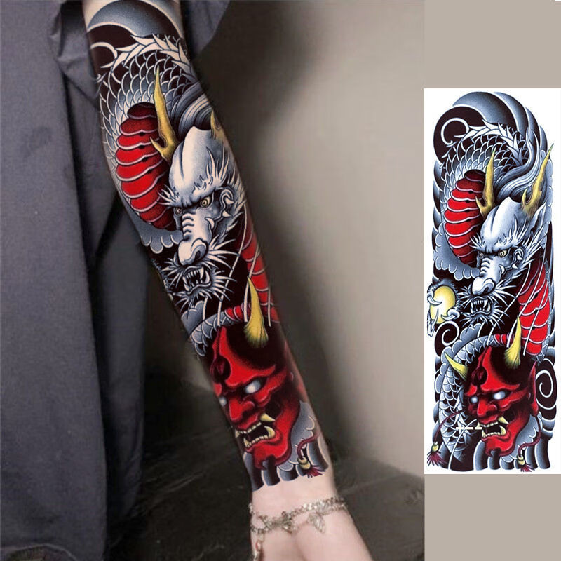 贴花臂大花臂男女防汗防水纹身贴全臂全腿龙刹车印逼真图腾黑龙刺青