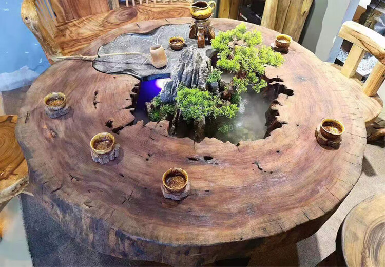 原木原生态香樟木禅意新中式茶几微景观循环流水养鱼曲水流觞茶桌 专