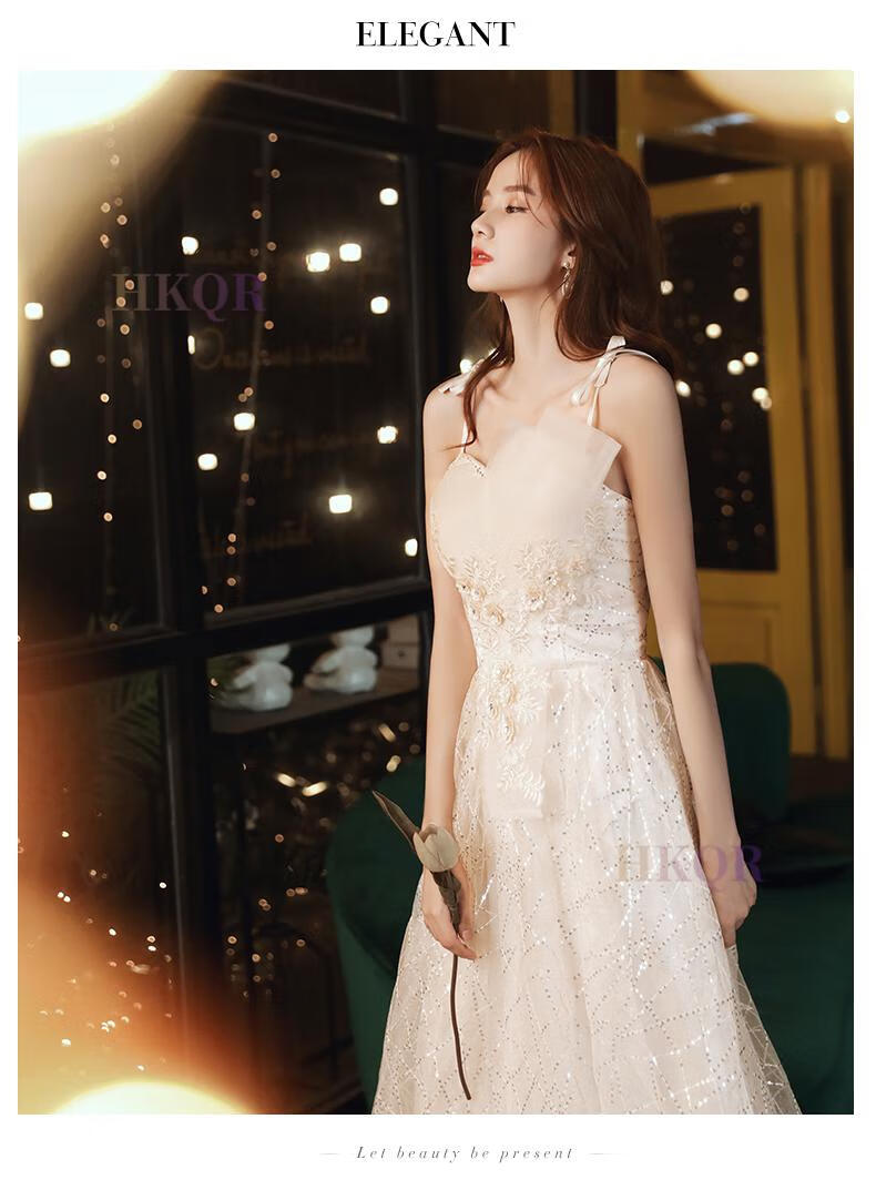 hkqr轻奢品牌女装新款夏季女香槟色小晚礼服感名媛盛装宴会气质正式