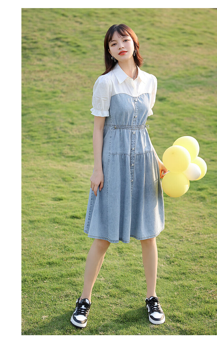 朵以2022夏季新款活力牛仔拼接连衣裙翻领收腰显瘦休闲a字裙子37vx