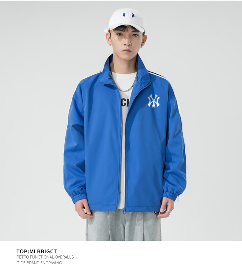 mlbny洋基队官方男士夹克休闲运动上衣潮流宽松外套男秋条纹外衣 黑色