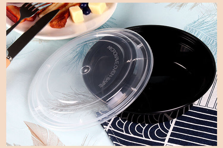 美式圆形一次性餐盒带盖透明黑色外卖打包盒水果捞便当盖浇饭盒子黑色