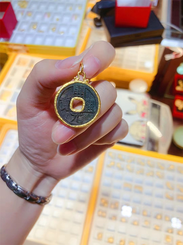 老凤凰开元通宝真品古币铜钱黄金吊坠平安扣999足金土耳其金项链女